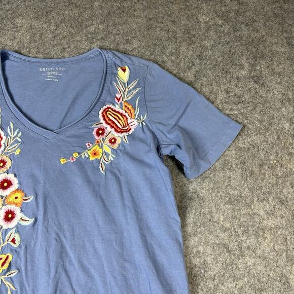 Karyn Seo Shirt Womens Medium Embroidered Floral Cotton V-Neck Tee Flaw - Picture 5 of 8
